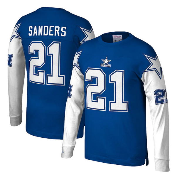Men's Dallas Cowboys #21 Deion Sanders Royal Mitchell & Ness Throwback Long Sleeve Stitched Jersey Men's Dallas Cowboys #21 Deion Sanders Royal Mitchell & Ness Throwback Long Sleeve Stitched Jersey
